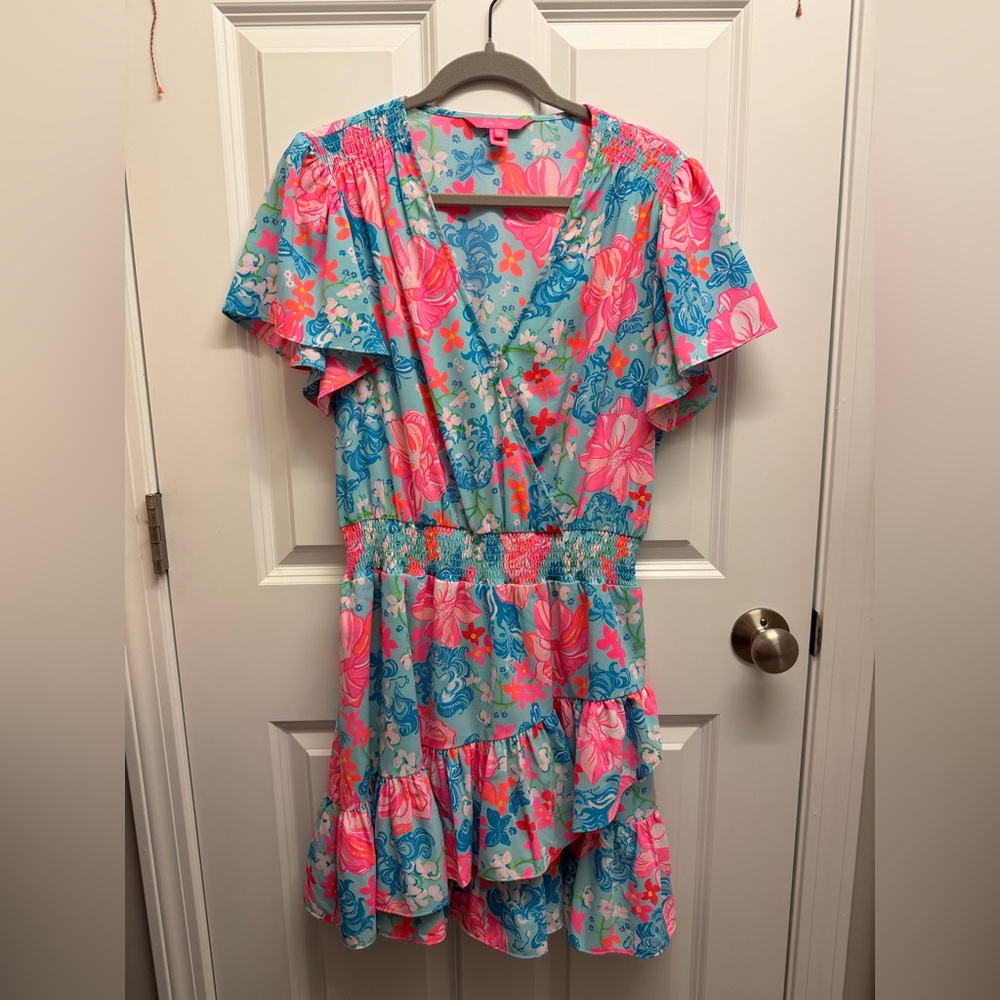 Lilly Pulitzer Maryanne flutter sleeve dress size 12 Surf blue Luscious lions